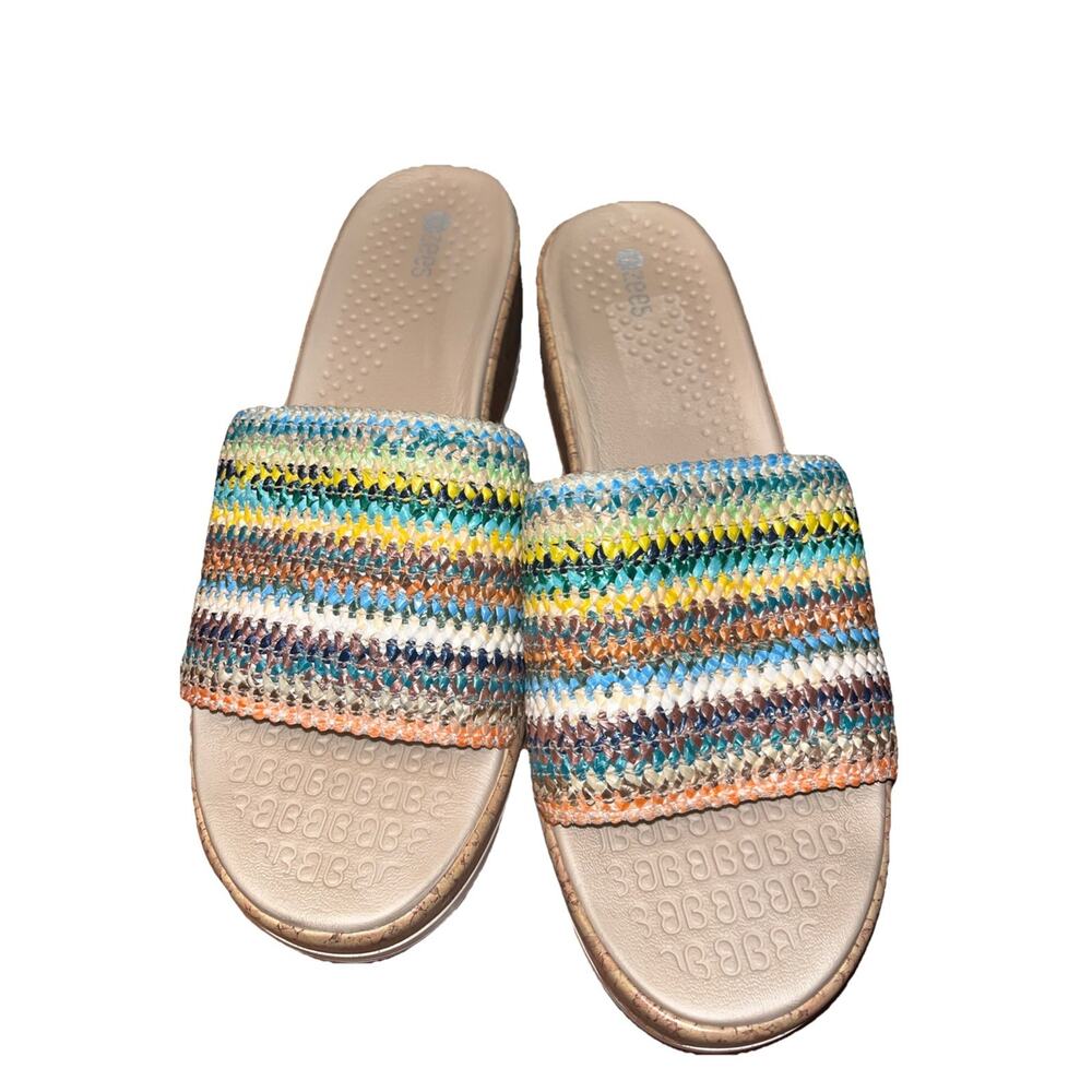 Bzees Runaway Women's Sandals 8.5 Striped Woven Slides Cork Wedge Shoes - Picture 2 of 5